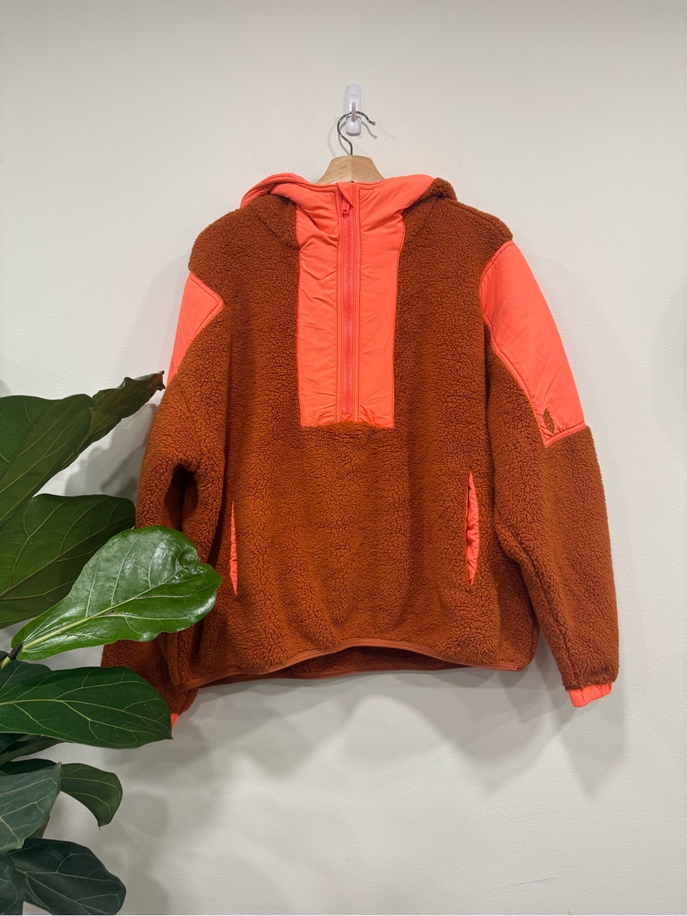 FP Movement by Free People Rust Sherpa Pullover with Coral Nylon Accents